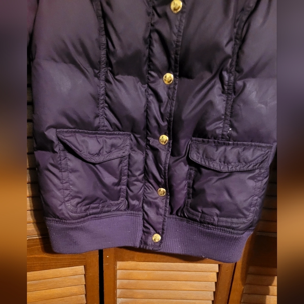 Juicy Couture dark purple down hooded bomber jacket with gold buttons Size Small - Picture 2 of 15